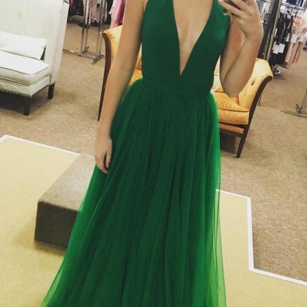 Green Color Prom Dress Deep V Neckline, Prom Dresses For Teens